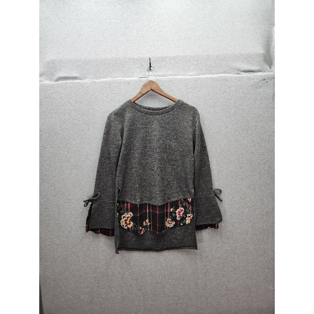 New York Laundry Gray Sweater Tunic Small S Floral Hem Detail & Ties